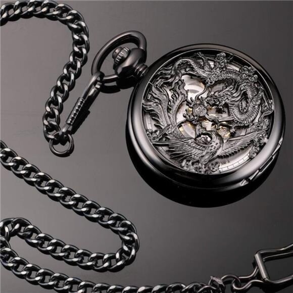 Mechanical Pocket Watch for Men Antique PocketWatch with Chain SteampunkSkeleton - Picture 5 of 7